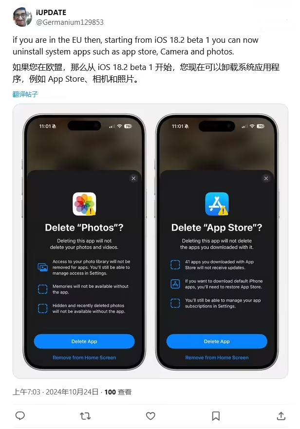 英吉沙苹果手机维修分享iOS 18.2 支持删除 App Store 应用商店 