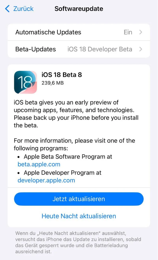 英吉沙苹果手机维修分享苹果 iOS / iPadOS 18 开发者预览版 Beta 8 发布 